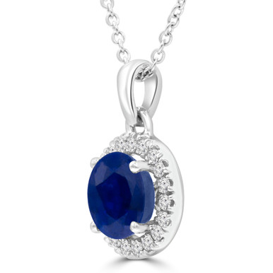 Round Blue Sapphire & Round Diamond Halo Pendant Necklace in White Gold (MDR220187)