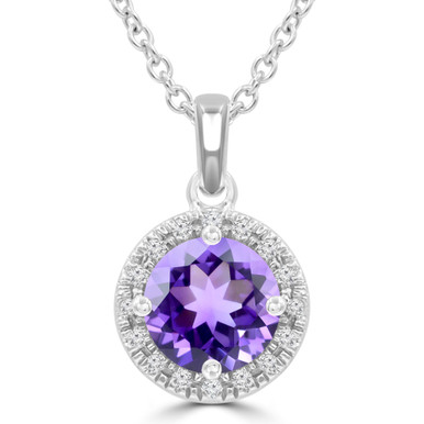 Round Purple Amethyst & Round Diamond Halo Pendant Necklace in White Gold (MDR220188)