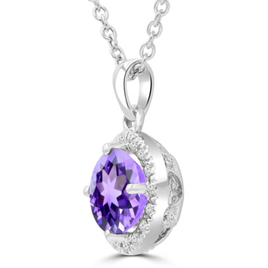 Round Purple Amethyst & Round Diamond Halo Pendant Necklace in White Gold (MDR220188)