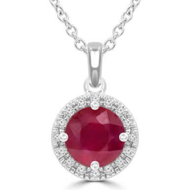 Round Red Ruby & Round Diamond Halo Pendant Necklace in White Gold (MDR220189)