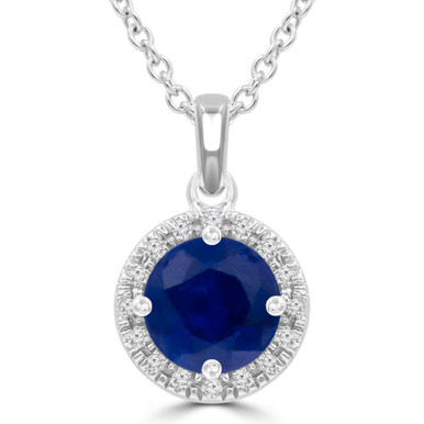 Round Blue Sapphire & Round Diamond Halo Pendant Necklace in White Gold (MDR220190)