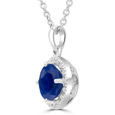 Round Blue Sapphire & Round Diamond Halo Pendant Necklace in White Gold (MDR220190)