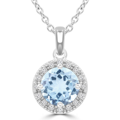 Round Blue Topaz & Round Diamond Halo Pendant Necklace in White Gold (MDR220191)