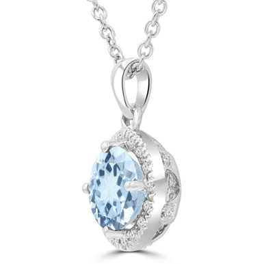 Round Blue Topaz & Round Diamond Halo Pendant Necklace in White Gold (MDR220191)