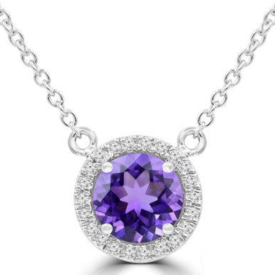 Round Purple Amethyst & Round Diamond Halo Necklace in White Gold (MDR220192)