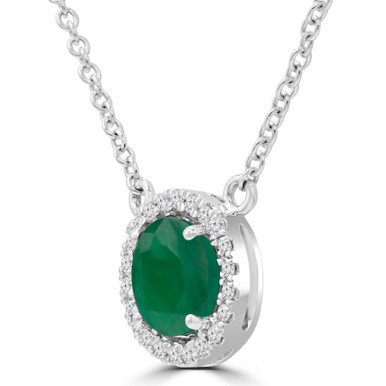 Round Green Emerald & Round Diamond Halo Necklace in White Gold (MDR220193)