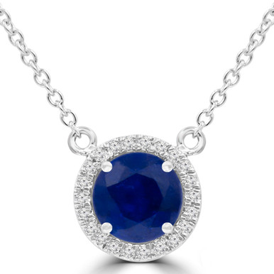 Round Blue Sapphire & Round Diamond Halo Necklace in White Gold (MDR220194)