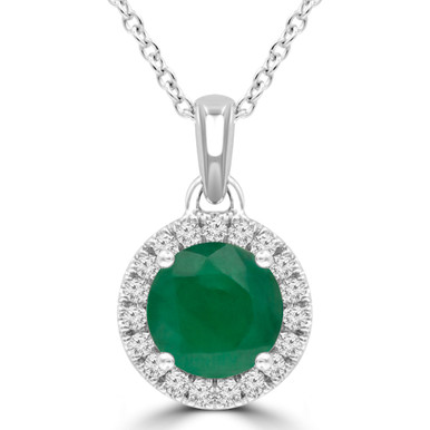 Round Green Emerald & Round Diamond Halo Pendant Necklace in White Gold (MDR220195)