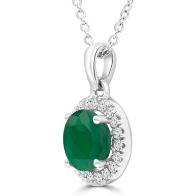 Round Green Emerald & Round Diamond Halo Pendant Necklace in White Gold (MDR220195)