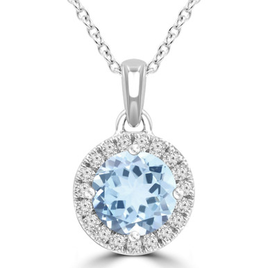 Round Blue Topaz & Round Diamond Halo Pendant Necklace in White Gold (MDR220196)