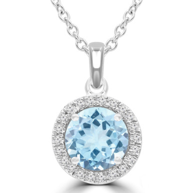 Round Blue Topaz & Round Diamond Halo Pendant Necklace in White Gold (MDR220197)