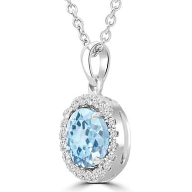 Round Blue Topaz & Round Diamond Halo Pendant Necklace in White Gold (MDR220197)