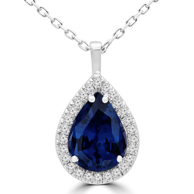 Pear Blue Sapphire & Round Diamond Pear Halo Pendant Necklace in White Gold (MDR170163)