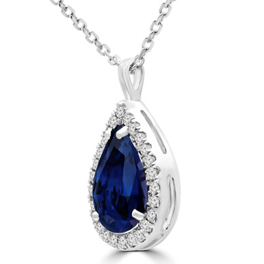 Pear Blue Sapphire & Round Diamond Pear Halo Pendant Necklace in White Gold (MDR170163)