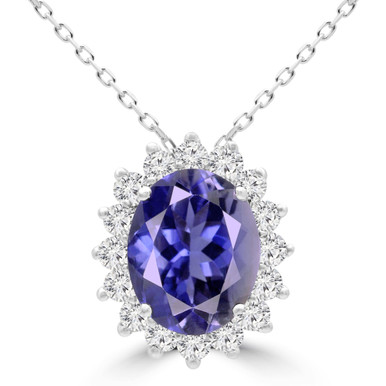 Oval Purple Iolite & Round Diamond Oval Halo Pendant Necklace in White Gold (MDR170162)