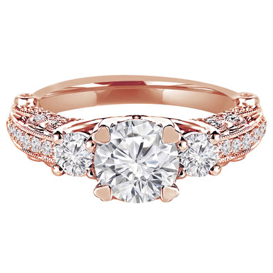Round Diamond Vintage Three-Stone Engagement Ring in Rose Gold with Accents (MVSX0012-R)