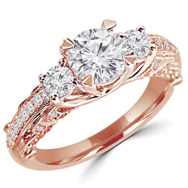 Round Diamond Vintage Three-Stone Engagement Ring in Rose Gold with Accents (MVSX0012-R)