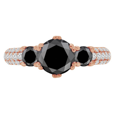 Round Black Diamond Three-Stone Engagement Ring in Rose Gold with Accents (MVSX0013-R)