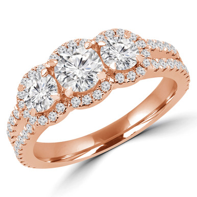Round Diamond Halo Three-Stone Engagement Ring in Rose Gold with Accents (MVSX0017-R)
