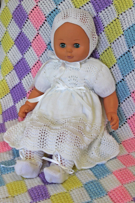 Image of finished dress, bonnet and bootees from Paragon book PARK70, Pattern 5 Dewdrop.