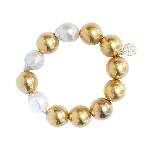 GOLD PLATED BALL & BAROQUE PEARL STRETCH BRACELET