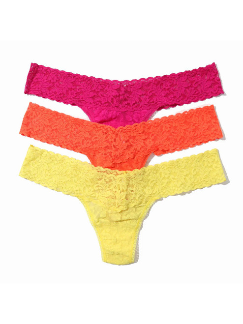 3 Pack Signature Lace Low Rise Thongs - Pink Ruby/Orange Sparkle/Lime Light