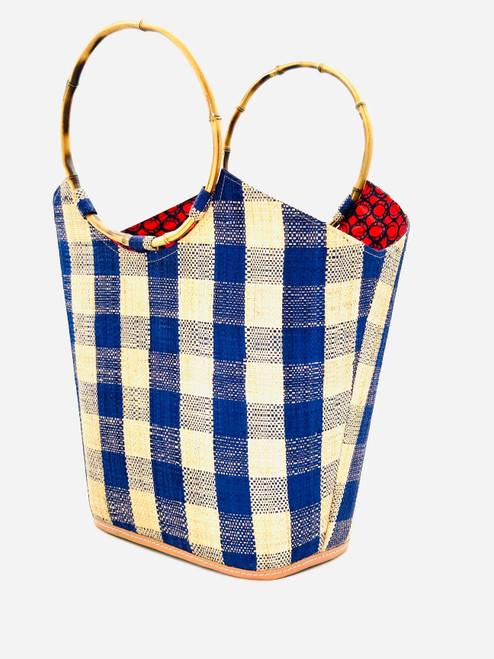 Carmen Gingham Straw Bucket Bag with Bamboo Handles - Blue