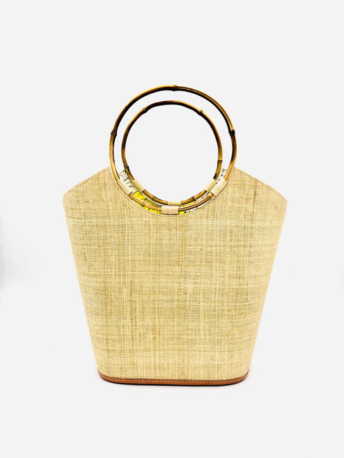 Carmen Solids & Stripes Straw Bucket Bag with Bamboo Handles - Natural