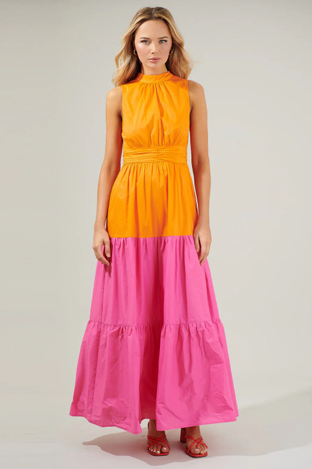 Riley Halter Mxi Dress - Orange Pink Multi
