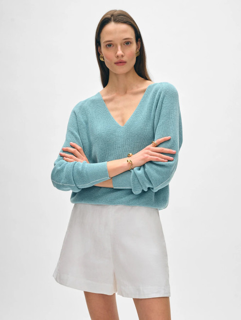 Cotton Linen Tipped V Neck - Soft Aqua / White