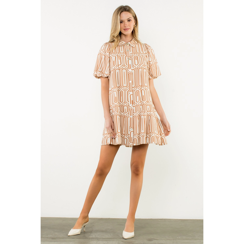 DANNY -  Geometric Puff Sleeve Button Dress