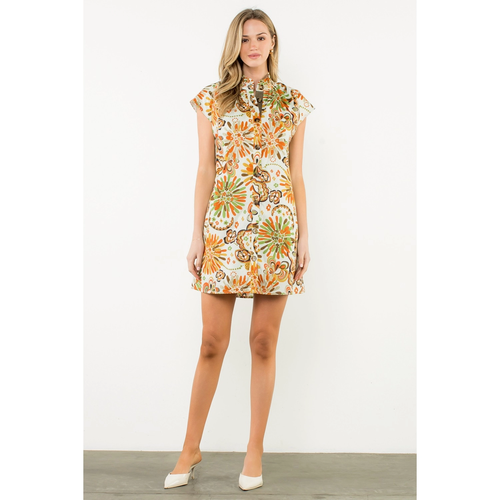 CAITY - Ruffled Neck Flower Print Dress