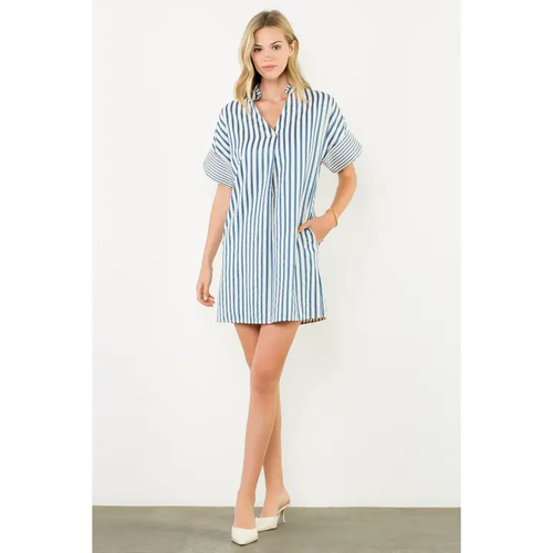 Nancy -  Ruffle Collar Short Sleeve Striped Dress