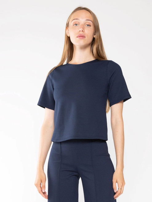 Ponte Knit Short Sleeve Top Extended - Navy