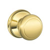 F10-AND-505 Schlage F Series - Knob Andover Style with Passage Lock Function in Lifetime Brass