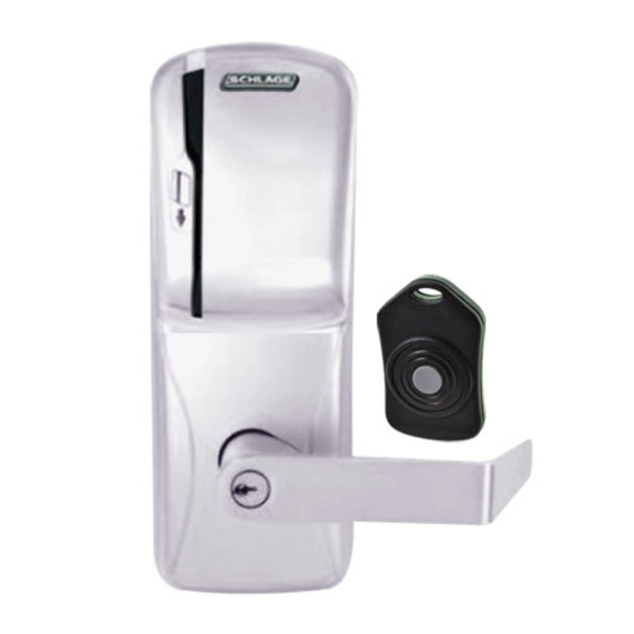 CO220-CY-75-MS-RHO-PD-626 Schlage Standalone Classroom Lockdown Solution Cylindrical Swipe locks in Satin Chrome