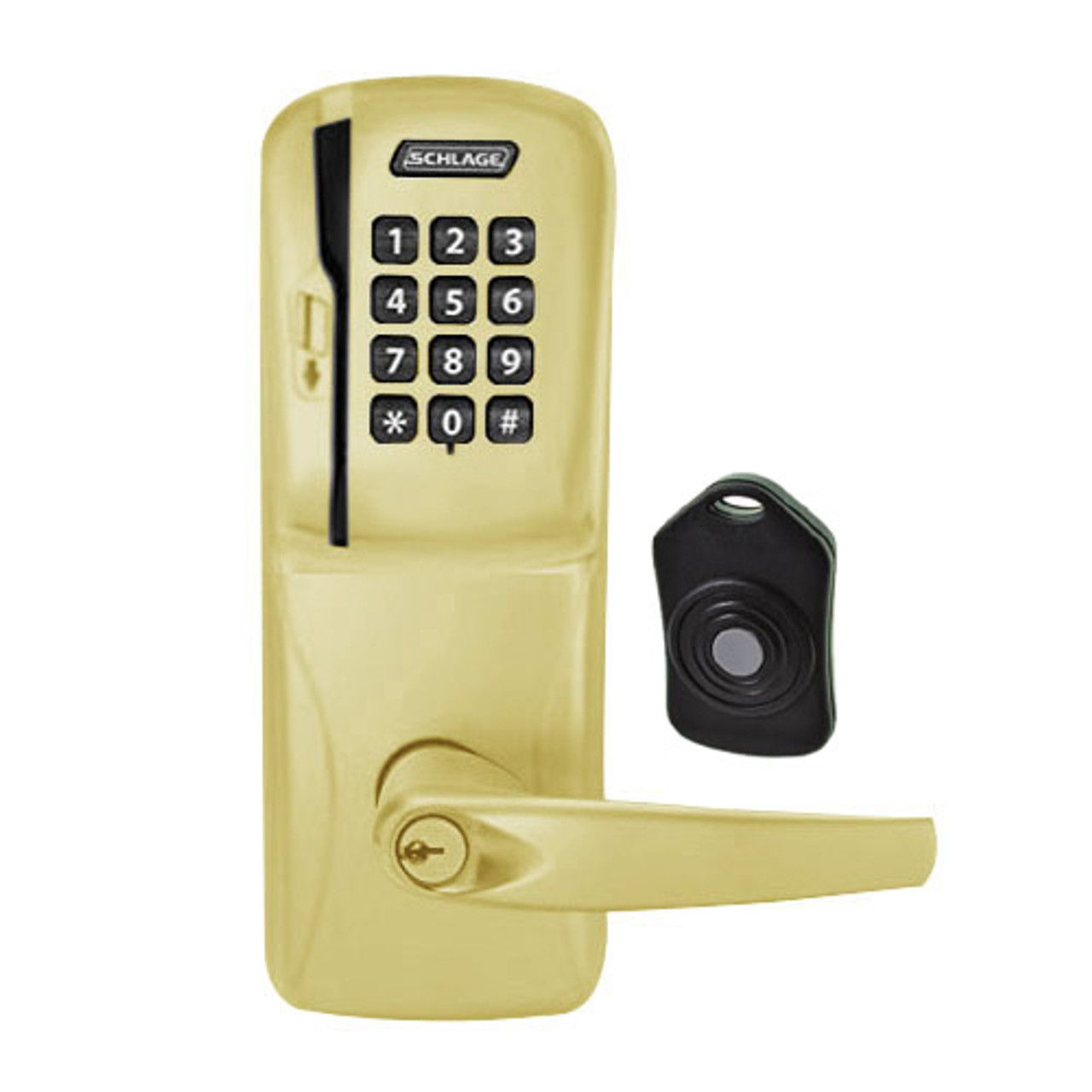 CO220-CY-75-MSK-ATH-PD-606 Schlage Standalone Classroom Lockdown Solution Cylindrical Swipe with Keypad locks in Satin Brass