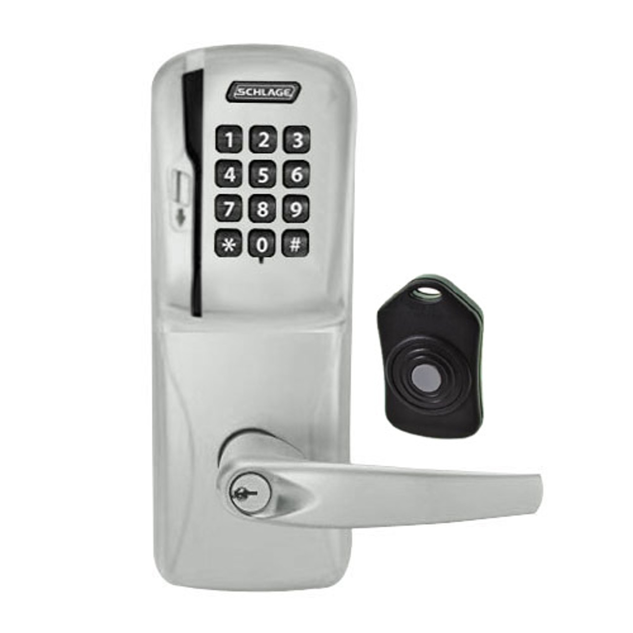 CO220-CY-75-MSK-ATH-PD-619 Schlage Standalone Classroom Lockdown Solution Cylindrical Swipe with Keypad locks in Satin Nickel