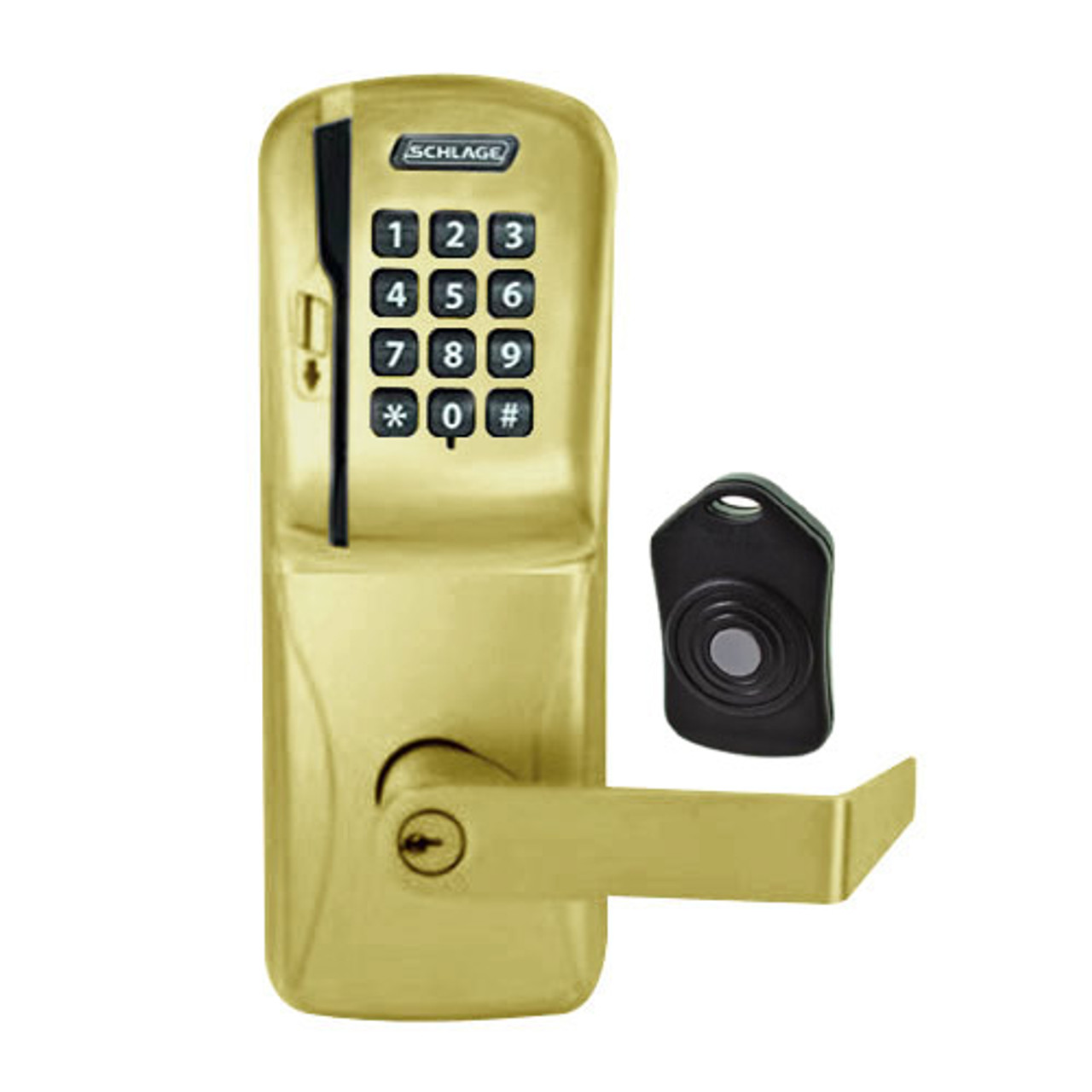 CO220-CY-75-MSK-RHO-PD-606 Schlage Standalone Classroom Lockdown Solution Cylindrical Swipe with Keypad locks in Satin Brass