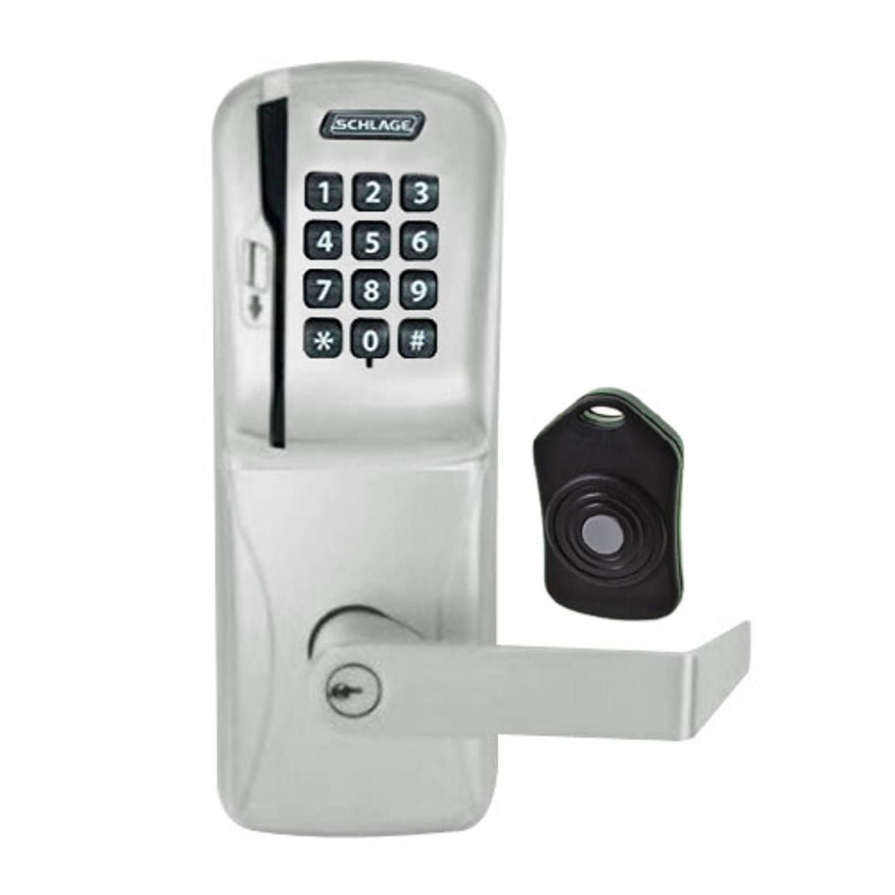 CO220-CY-75-MSK-RHO-PD-619 Schlage Standalone Classroom Lockdown Solution Cylindrical Swipe with Keypad locks in Satin Nickel