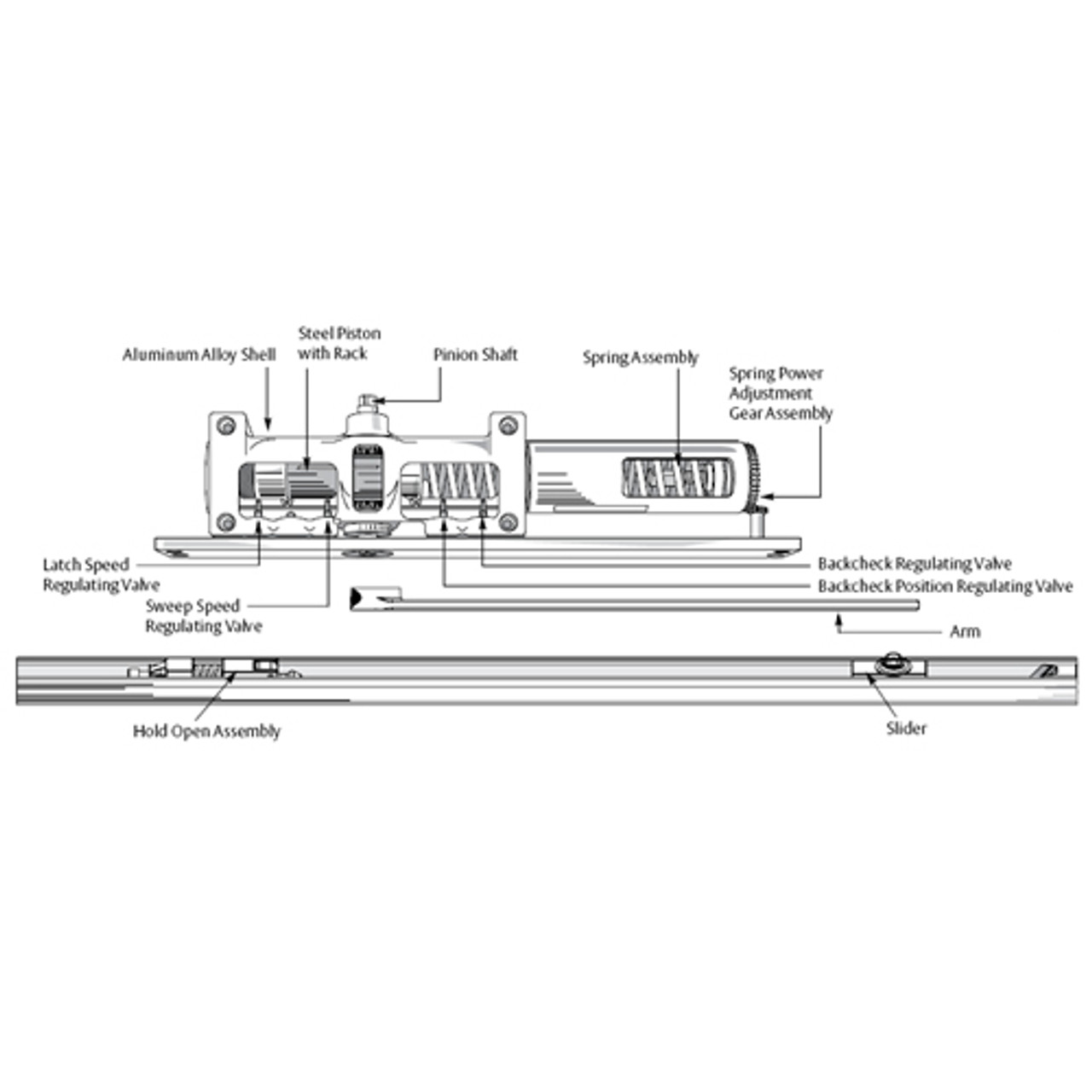 7900H-694-LH Norton 7900 Series Hold Open Overhead Concealed Closers with Multi-Sized Spring 1-6 in Medium Amber Finish