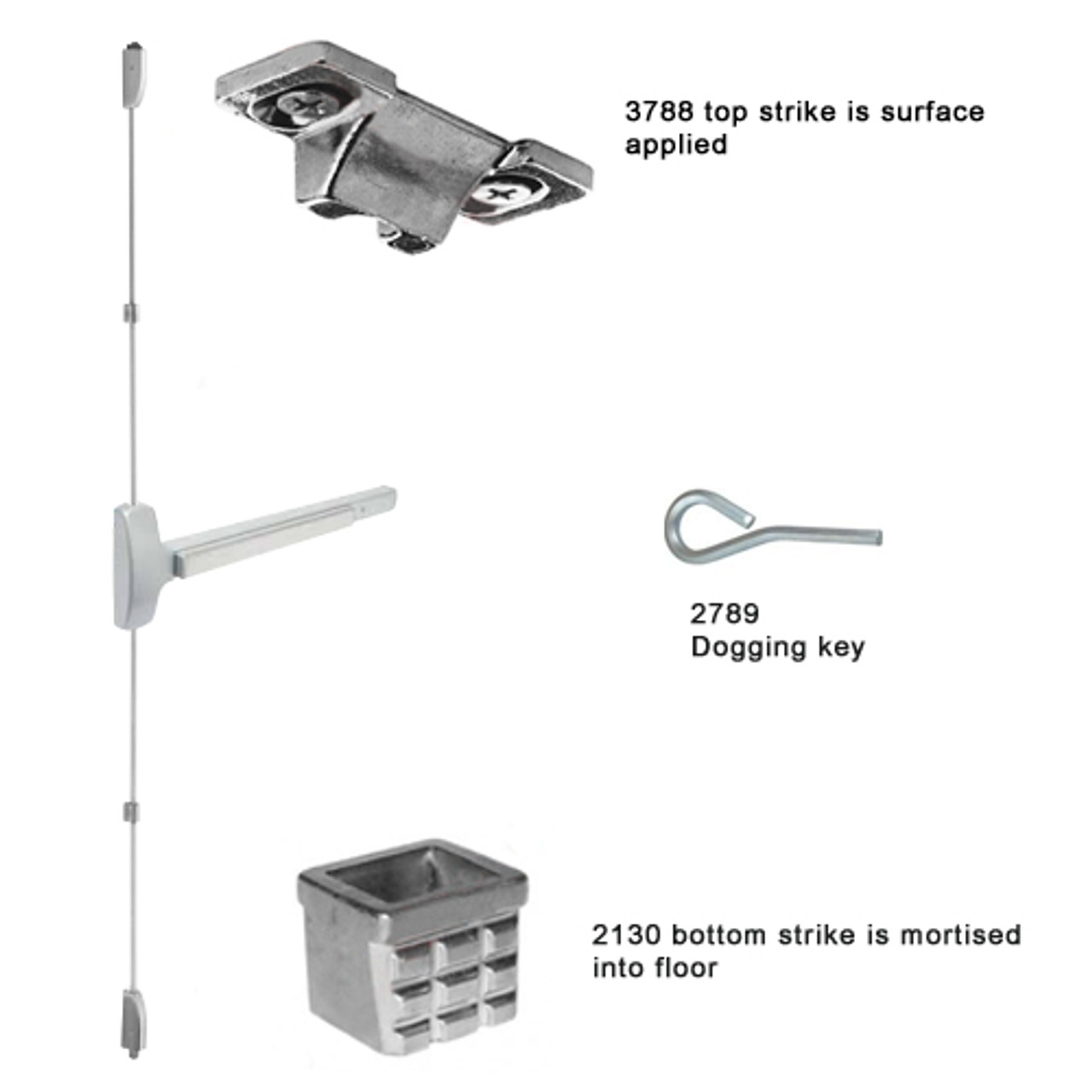 25-V-EO-US32-3 Falcon 25 Series Exit Only Surface Vertical Rod Devices in Polished Stainless Steel