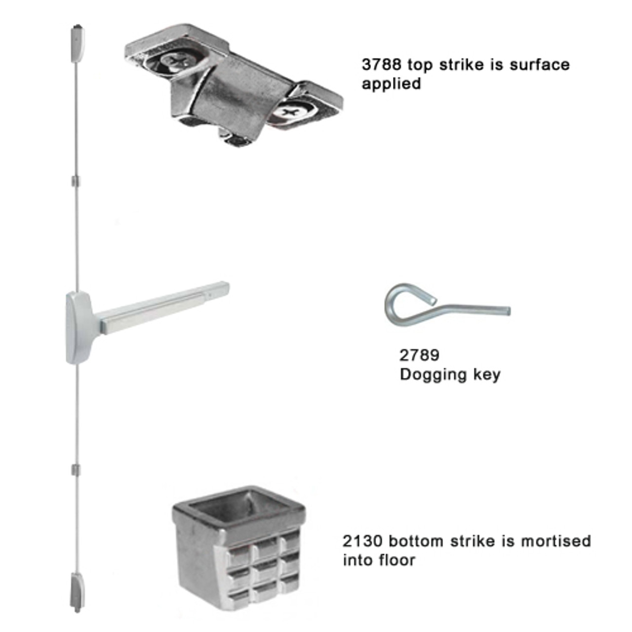 25-V-NL-OP-US26D-3 Falcon 25 Series Night Latch Optional Pull Surface Vertical Rod Devices with Less Trim in Satin Chrome