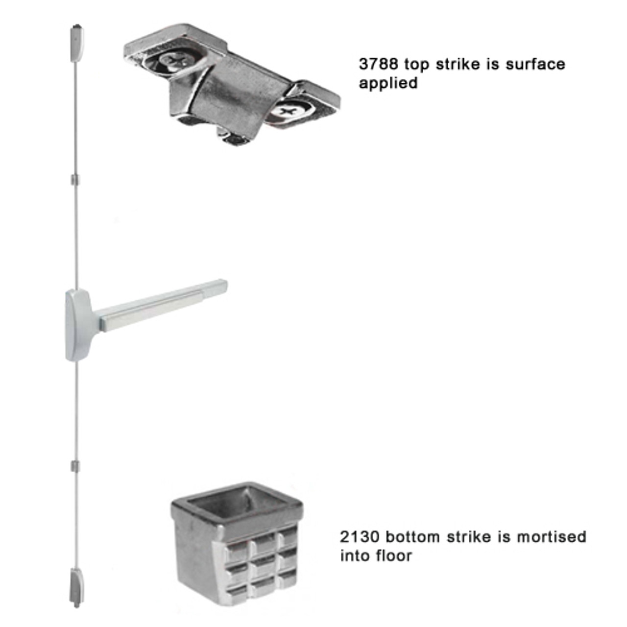 F-25-V-EO-US28-3 Falcon 25 Series Exit Only Fire Rated Surface Vertical Rod Devices in Anodized Aluminum
