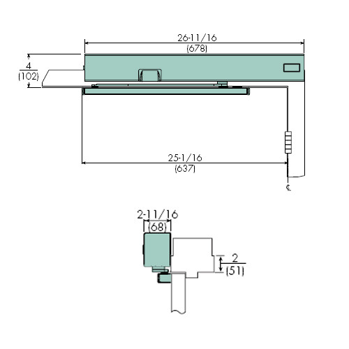 7114SZ-RH-120VAC-689 Norton 7100SZ Series Safe Zone Multi-Point Closer/Holder with Motion Sensor and Pull Side Rigid Arm and Slide Track in Aluminum Finish