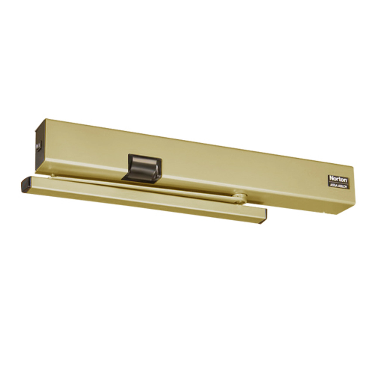 7113SZ-RH-24VDC-696 Norton 7100SZ Series Safe Zone Multi-Point Closer/Holder with Motion Sensor and Pull Side Rigid Arm and Slide Track in Gold Finish