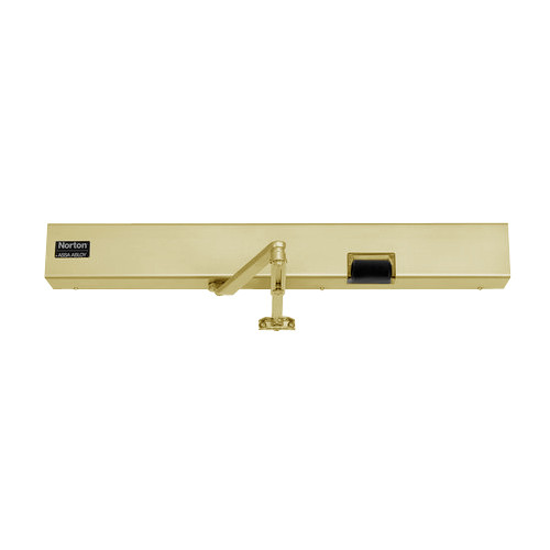 7135SZ-RH-120VAC-696 Norton 7100SZ Series Safe Zone Multi-Point Closer/Holder with Motion Sensor and Push Side Double Lever 13-1/2 inch Main Arm in Gold Finish