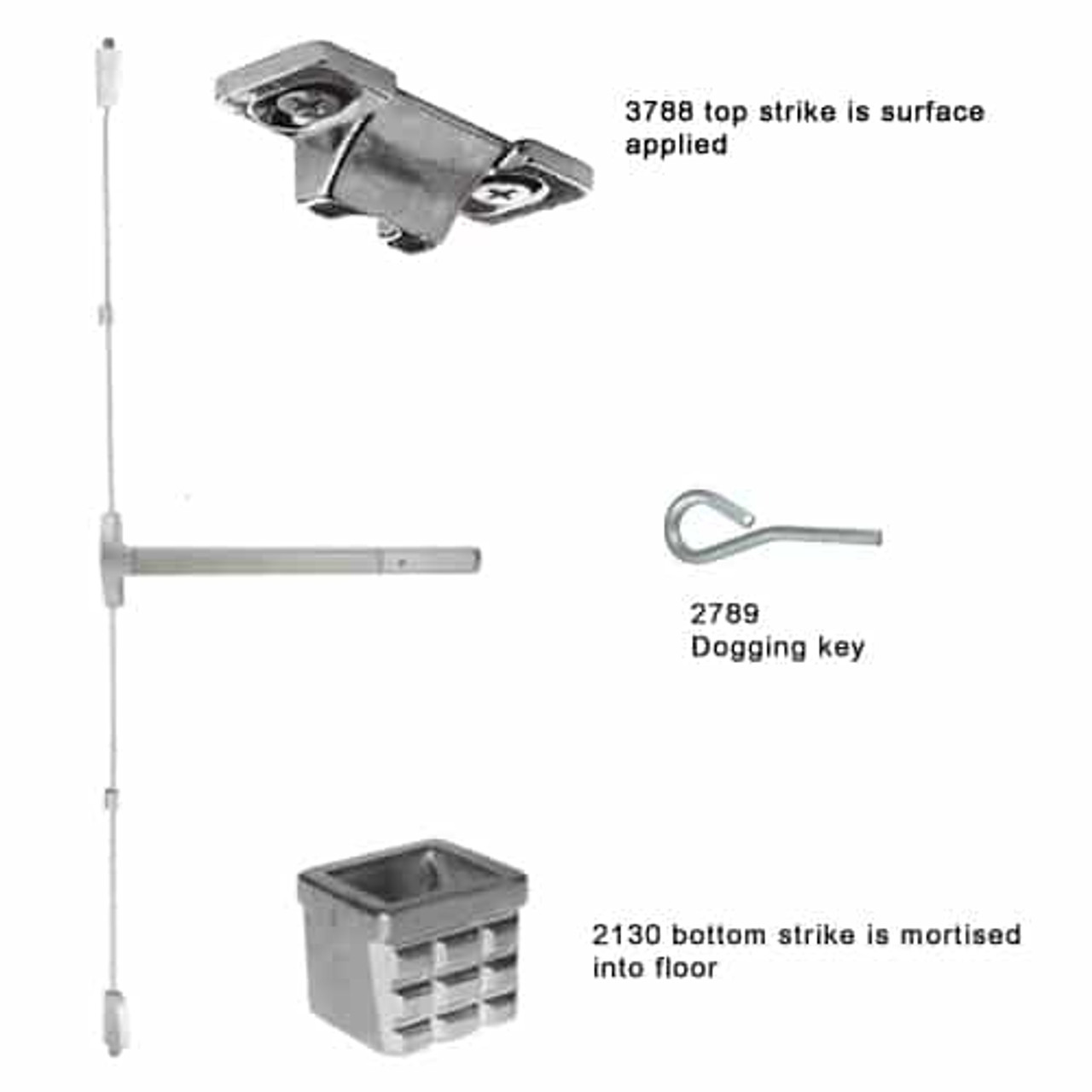24-V-L-NL-Dane-US26D-3-LHR Falcon 24 Series Surface Vertical Rod Device 712L-NL Dane Lever Trim with Night Latch in Satin Chrome