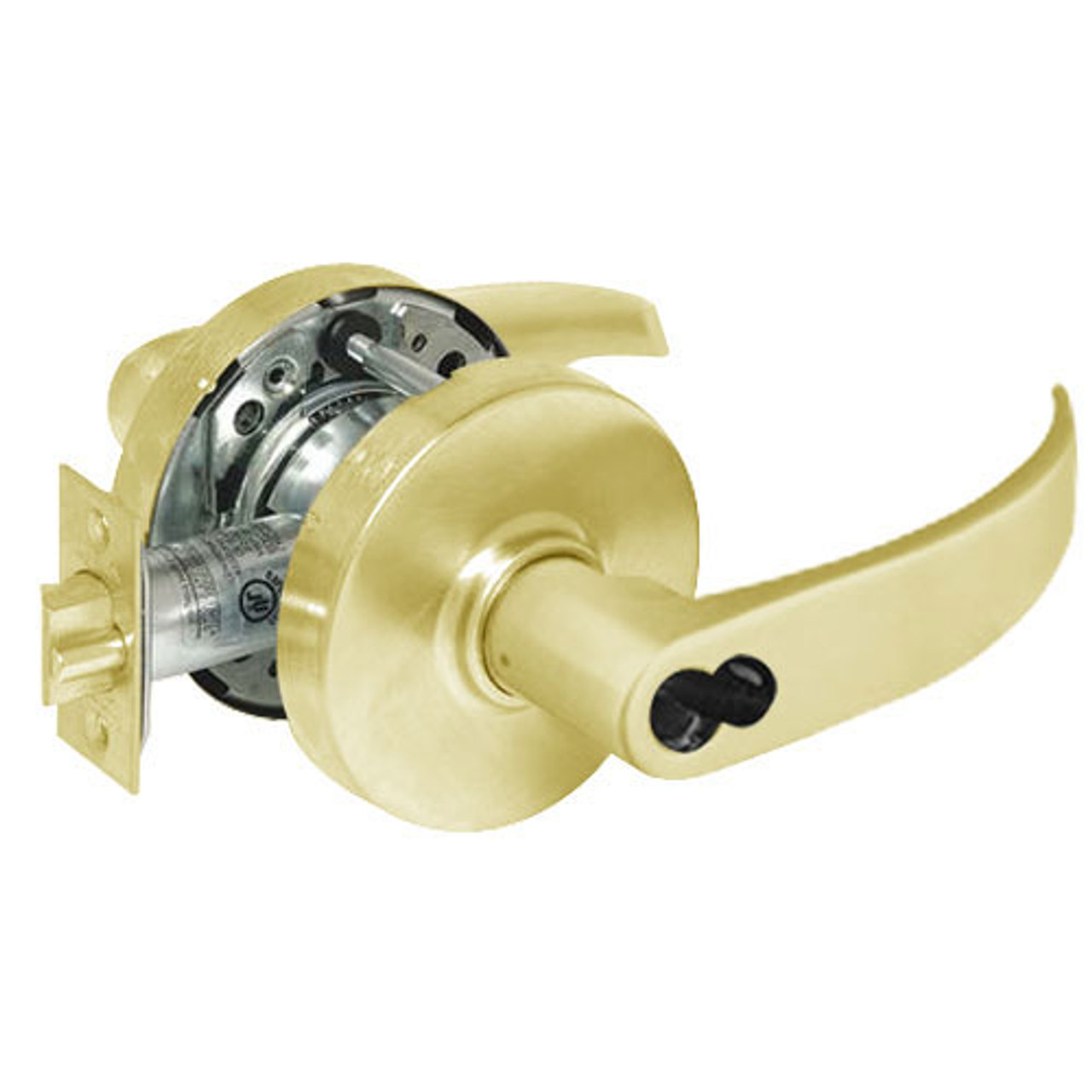 2870-10G38-LP-03 Sargent 10 Line Cylindrical Classroom Locks with P Lever Design and L Rose Prepped for SFIC in Bright Brass