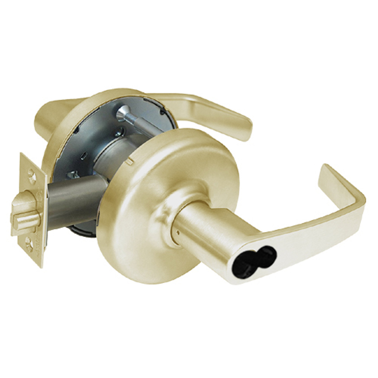 CL3359-NZD-606-CL6 Corbin CL3300 Series IC 6-Pin Less Core Extra Heavy Duty Storeroom or Public Restroom Cylindrical Locksets with Newport Lever in Satin Brass Finish